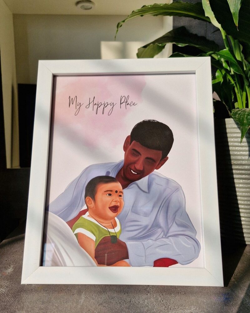Detailed illustration frame of father and son personalised gift India. The Piyu Store
