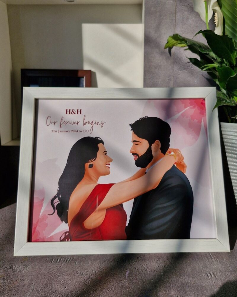 Groom and bride gift detailed wedding illustration framed India